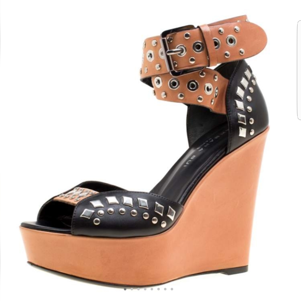 Barbara Bui Paris Studded Ankle Strap Wedge Platform 💟 Leather NUDE SIENNA